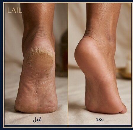 مقارنة قبل وبعد: جلد ميت وتشققات، ومن بعد كعب نظيف وأملس