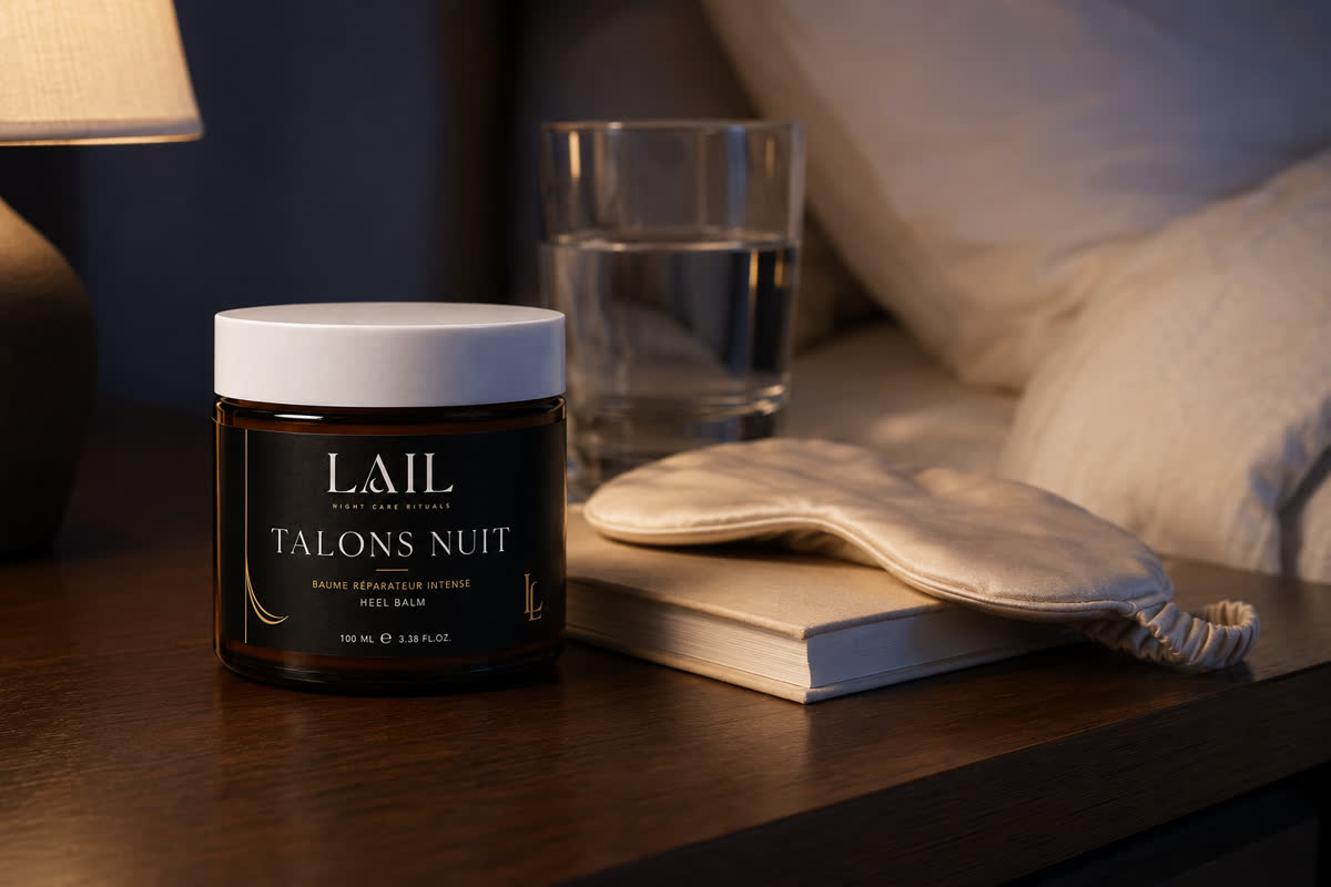 علبة Talons Nuit فوق طاولة السرير حدا كاس ماء وكتاب وقناع نوم